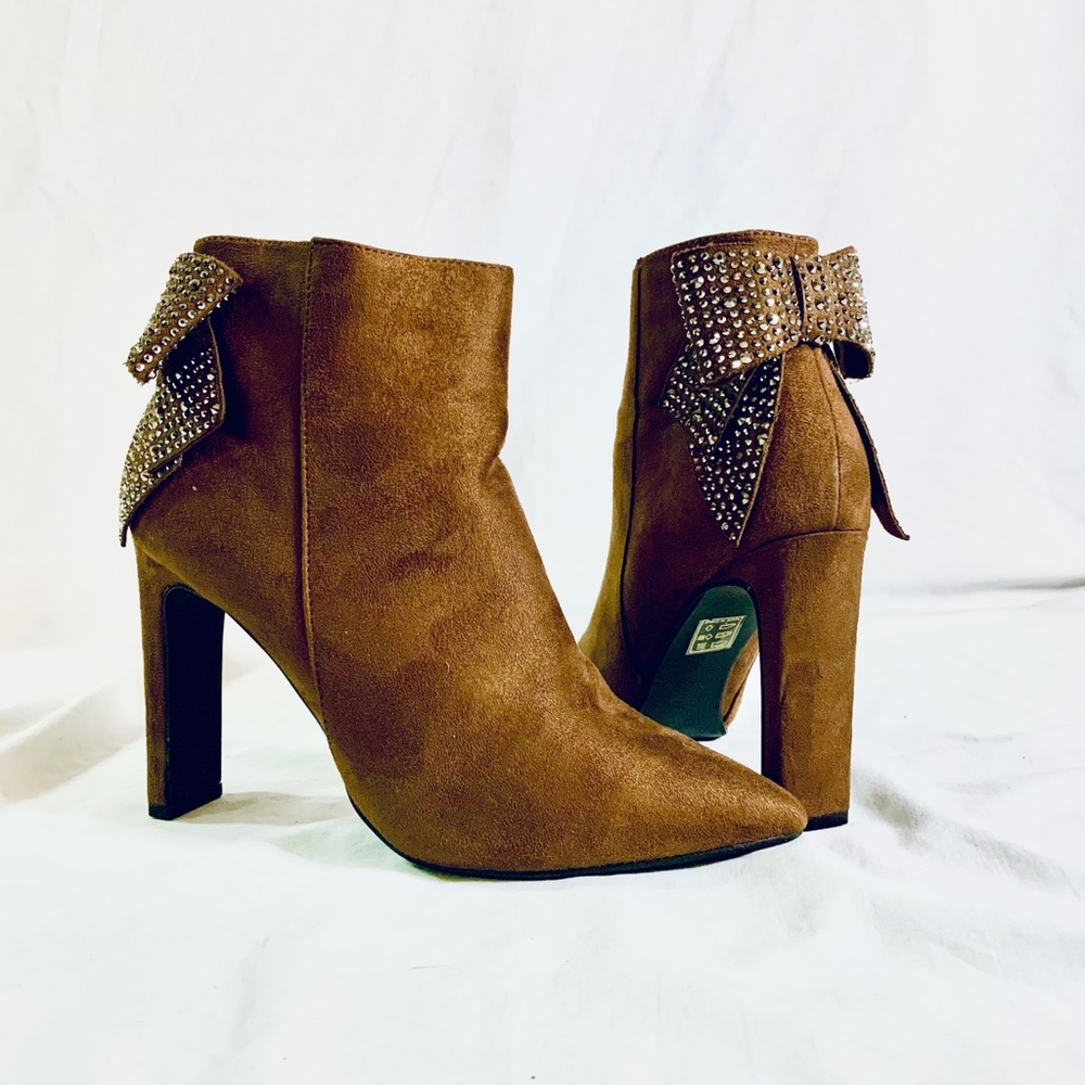 Camel Embellished-Bow Faux Suede Bootie
